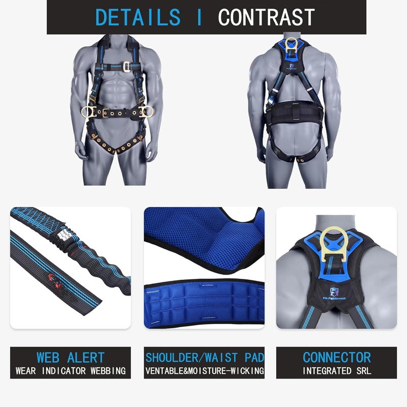 FHFallArrest Fall Protection 5pt Full-Body Safety Harness, Vented & Padded Shoulder, Back & Legs, 8” Thick Back Support, Tongue Buckle, D-Rings, Grommet Leg Straps & Waist Belt (OSHA/ANSI Rated PPE) - Image 4